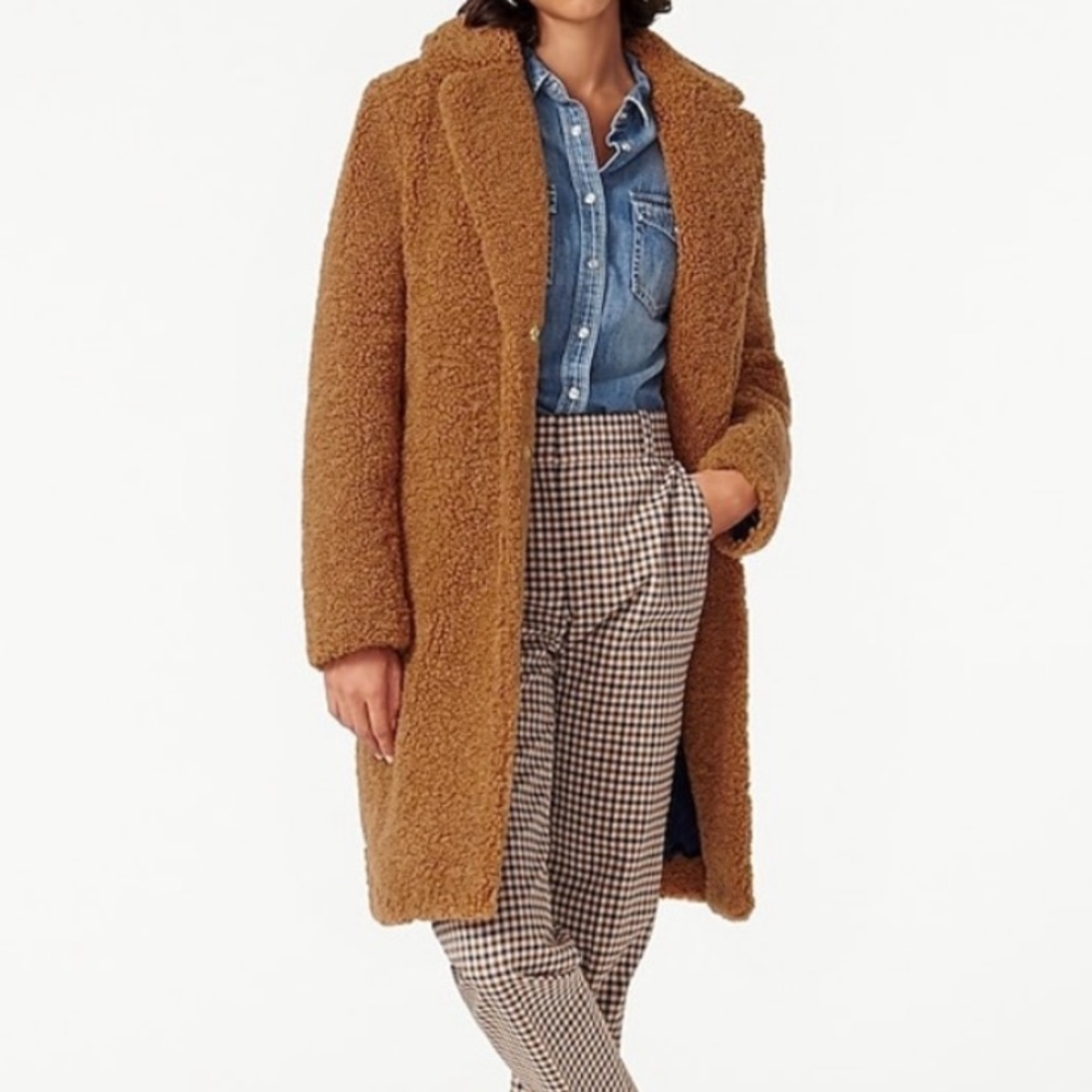 J. Crew Sherpa teddy trench coat jacket XXS petite warm brandy tan
